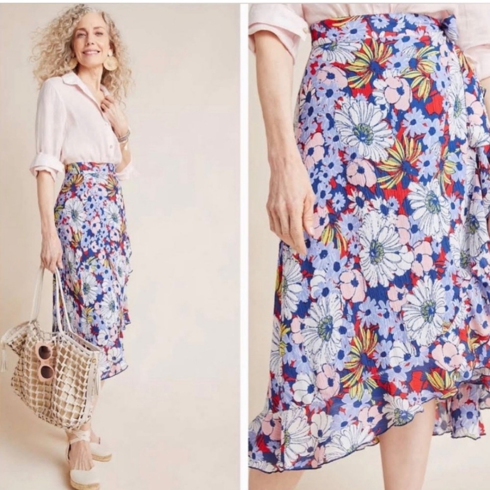 Maeve Blue and White Pencil Skirt with Ruffled Wrap for Casual Wear